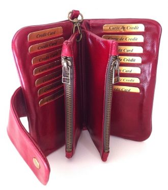 ארנק עור אדום מעוצב לאישה בעבודת יד - דגם רוכסנים חום